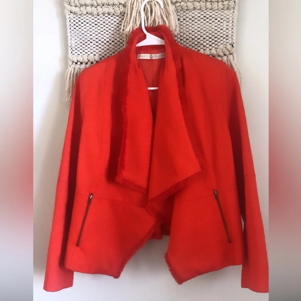 Marie Oliver Brilliant Red Orange Spring Open Moto Fringe Blazer Jacket Pockets